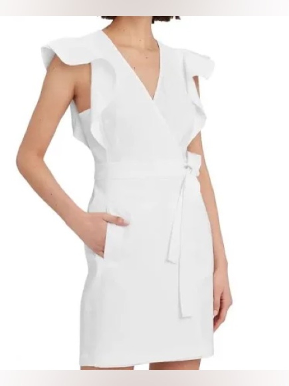 ALC White Wrap Dress with Ruffle Shoulders